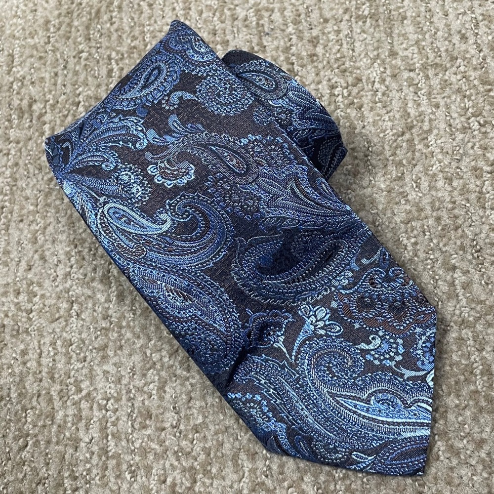 Paul Fredrick Silk Tie Mens Blue Brown Paisley Made in Italy Professional Tie